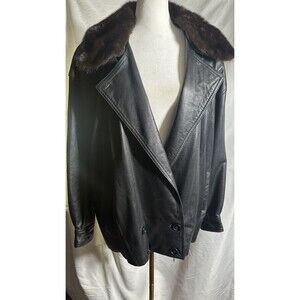 Vintage Evan Arpelli Black Leather Jacket Sz. M Double Breasted Mink collar